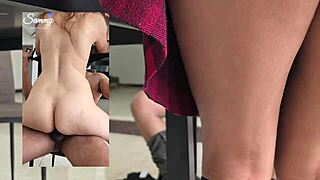 Two sluts share cock sucking at dinner table