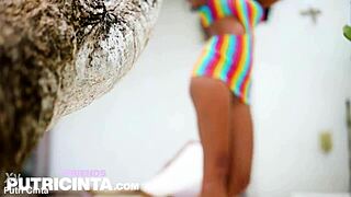 Pretty Asian Putri Cinta gropes her shaved bald pussy and tanned perky boobs hornily.