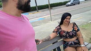 Watch hubby expose wife's hairy pussy public on street beach market
