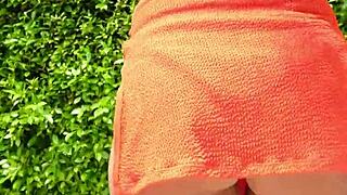 sexy orange bikini flashes public outdoor thrills