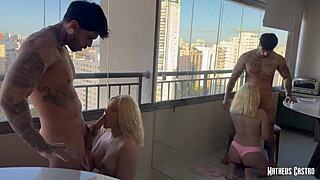 Blonde Vivian Lola teases on apartment balcony in skimpy camisole