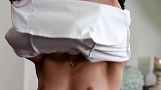 Sensual teen brunette pours nuru gel and sucks client hard