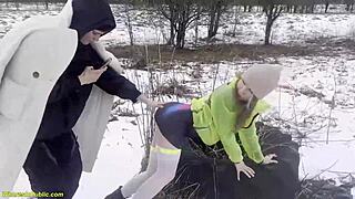 my horny girlfriend moans loud getting her pussy deeply fucked outdoors by the snow