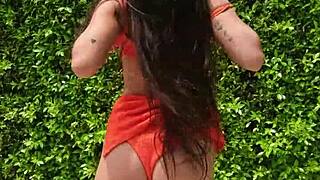 sexy orange bikini flashes public outdoor thrills