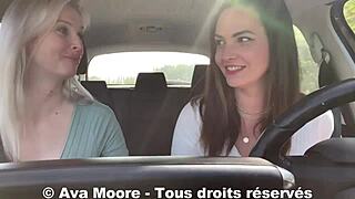 lucky guy gets deepthroated by two girls roadside cumshot explosion