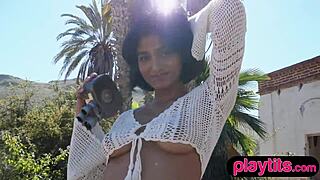 petite asian tanned milf bares juicy tits and hairy pussy outdoors