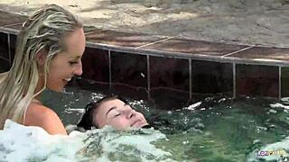 Naughty Lesbian Teens Finger Shaved Pussies Poolside!
