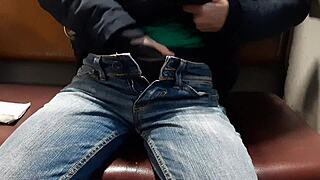 skinny brunette risks public train masturbation to orgasm