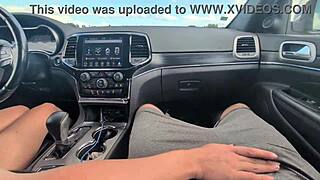 Girlfriend's Sloppy Car Handjob Explodes Cum