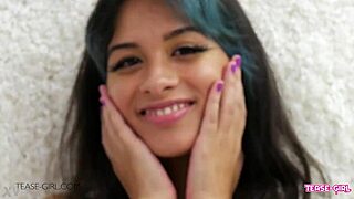 in the casting room, a petite brunette 18+ reveals her perfect body on the sofa