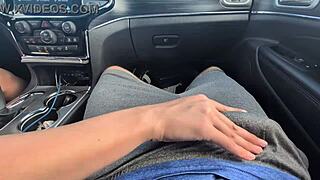 Girlfriend's Sloppy Car Handjob Explodes Cum
