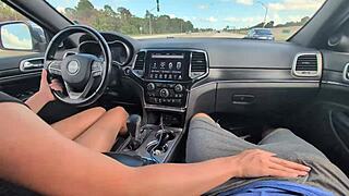 Girlfriend's Sloppy Car Handjob Explodes Cum