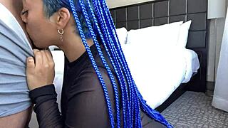 Blue hair throatgoat slut sloppy deepthroat blowjob cum facial