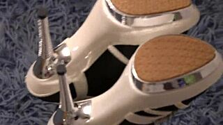 a milf masturbates with high-heeled shoe cums hairy pussy foot fetish amateur