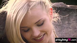 skinny hungarian blonde bares shaved pussy in meadow striptease