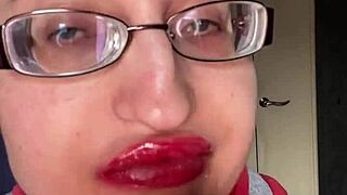 Tall giantess with glasses smears snickers bar fetish play