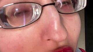 Tall giantess with glasses smears snickers bar fetish play