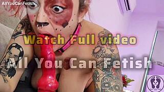 Chubby Brunette Cosplay Pooch Rubs Couch Dildo Masturbation Nipple Piercings