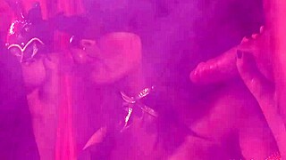 Hey watch this busty brunette magician swallow two monster cocks deep in her shaved holes