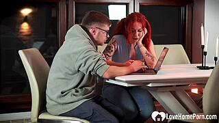 Redhead babe learns deep dick sucking on her knees with titty fuck