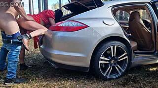 Amateur couple caught banging hard against tree in forest