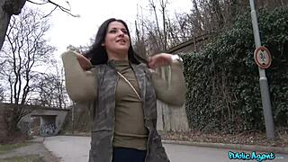 public agent brunette babe cums hard riding cock outdoors