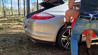 Amateur couple caught banging hard against tree in forest