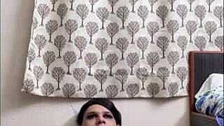 Shemale Monica M Teases Masturbates Orgasm in Black Lingerie Babydoll