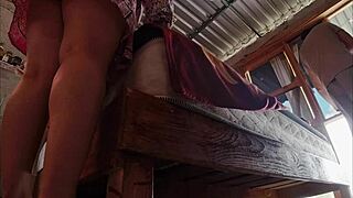 latina immigrant flashes panty-less pussy fixing bed unnoticed