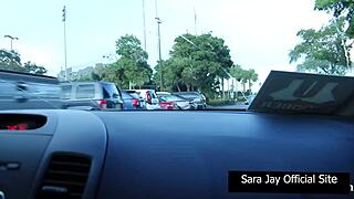 Super hot brunette Sara teases before impaling on enormous cock