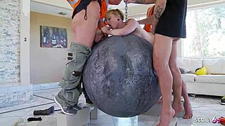 Skinny blonde teen Miley May gags on cocks deepthroat in wrecking ball gangbang parody with older guys facial cumshots