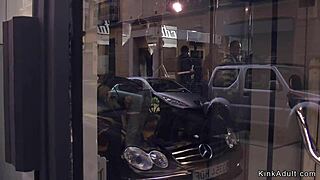 Clamped slut endures intense public anal banging humiliation