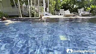 oh damn hot babe swims poolside then strips for my hard cock teasing naked