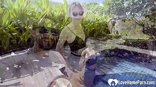 oh damn hot babe swims poolside then strips for my hard cock teasing naked