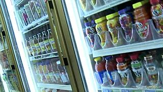 curvy blonde slips away from cameras for intense store railing