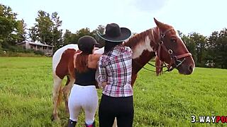 Mysterious ranch boy ravages two busty babes outdoors