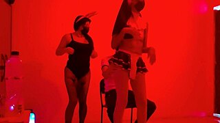 scruffy guy hosts exclusive lingerie catwalk with sexy dancer