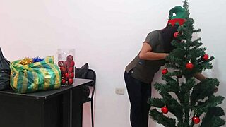 big ass babe decorates christmas tree at office in public fun