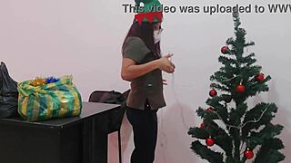 big ass babe decorates christmas tree at office in public fun