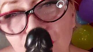 mature slut dildos juicy pussy amid colorful balloons 💦🎈😈