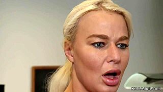 brunette lezdom milf fists gaping anal on bound brunette slave