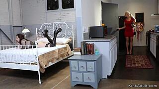 brunette lezdom milf fists gaping anal on bound brunette slave