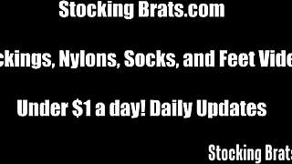 Lesbian roommates tease feet in stockings dorm play