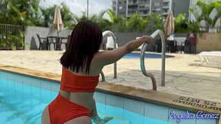 seductive latina bikini babe sucks and rides poolside to 69