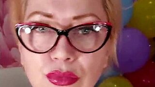 mature slut dildos juicy pussy amid colorful balloons 💦🎈😈