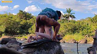 Gangbang outdoor with three huge cocks pounding hard