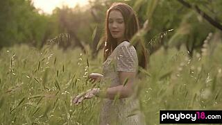 Ukrainian hottie janeth tense strips nude from sexy dress outdoors