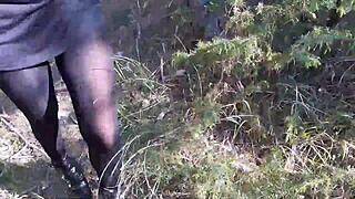 amateur big ass in heels pantyhose strolls forest path