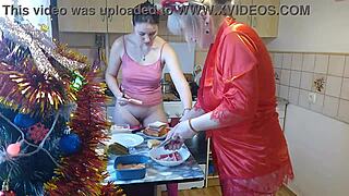 Erotic new year's eve unfolds as the beautiful blonde mommy cooks in thong lingerie kissing her babysitter passionately in the kitchen.