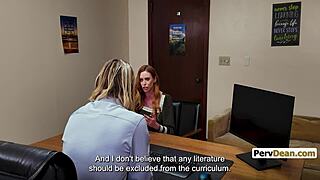 Redhead teacher milf jessica aaren dominates student on office desk!